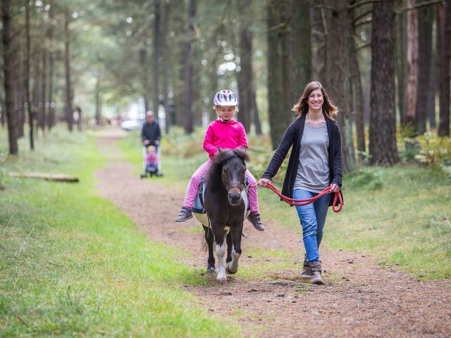 Mutter führt am Strick ein Mädchen auf dem Pony durch den Wald im Borchards Rookhus