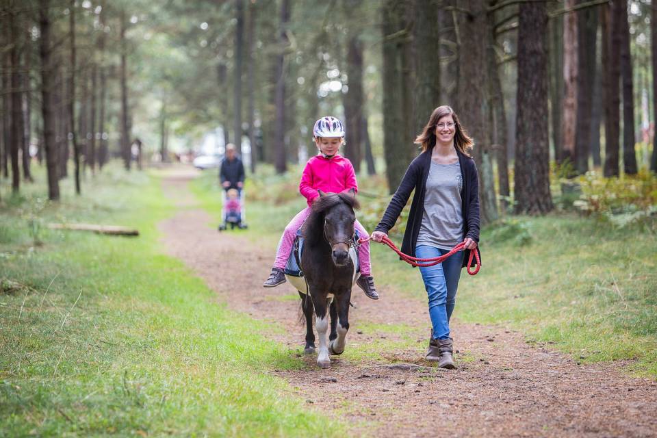 Mutter führt am Strick ein Mädchen auf dem Pony durch den Wald im Borchards Rookhus