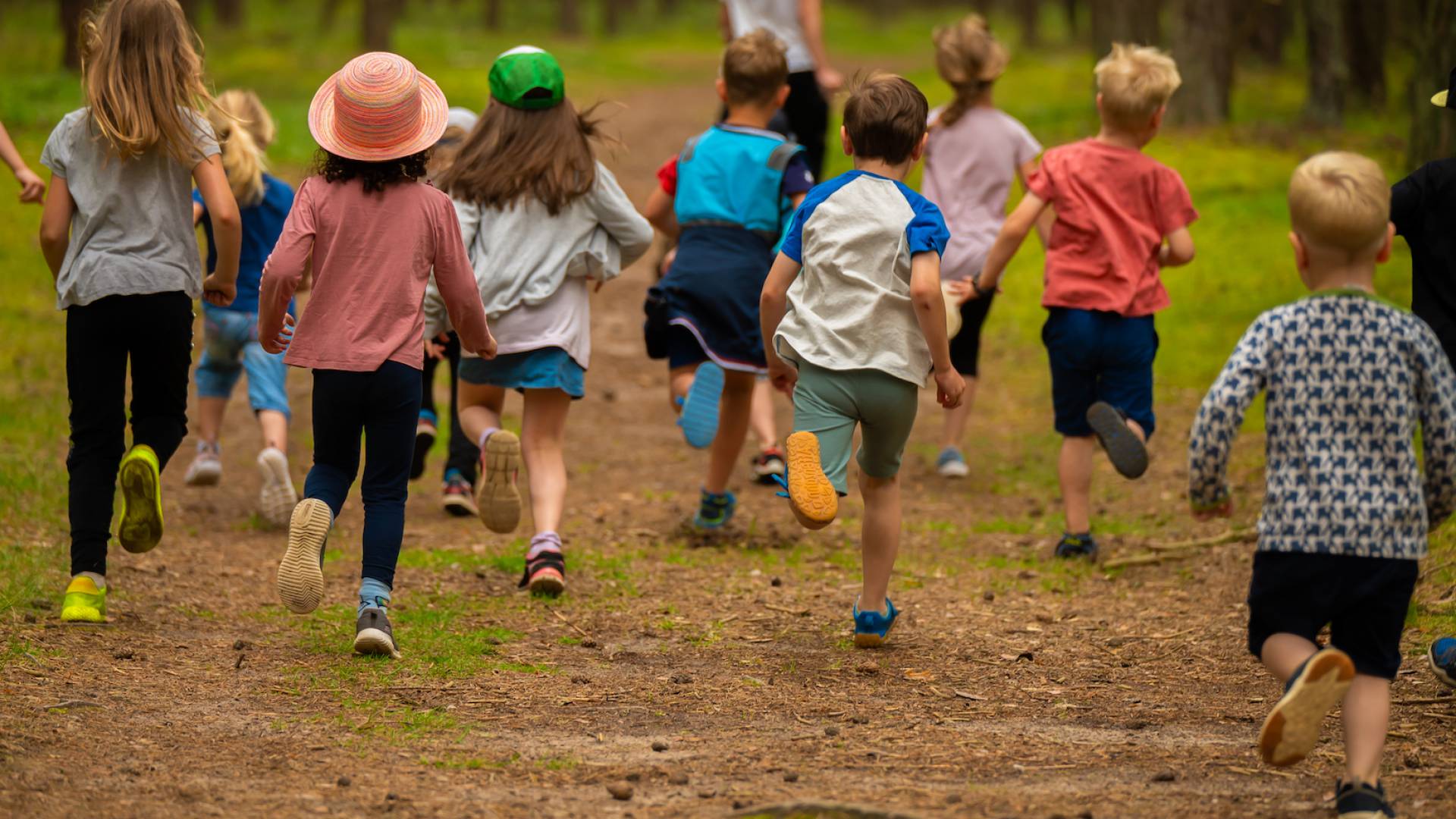 Kinder, die im Roookhus Urlaub machen, laufen durch den tiefen Wald